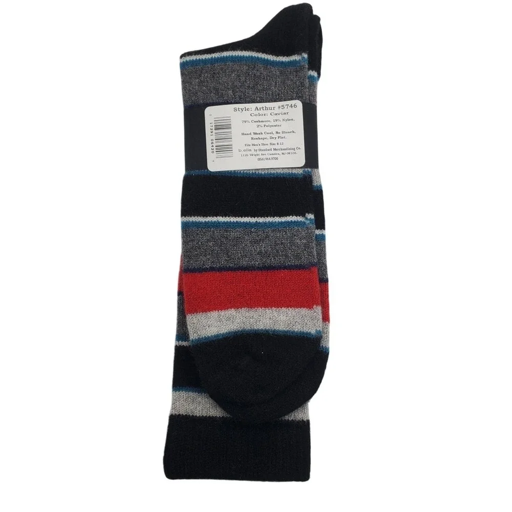 Stripe Cashmere Crew Socks Mens Large 10-13 Black Grey Red B.ella Dress Luxury